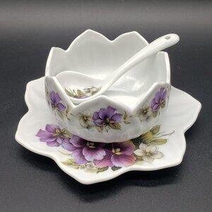 Inspiration Earthenware Purple White Pansies 3pc Condiment Set